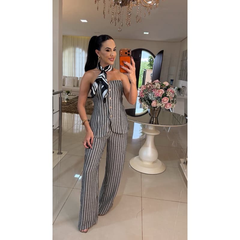 Conjunto Listra Risca de Giz Tomara que Caia e Calça