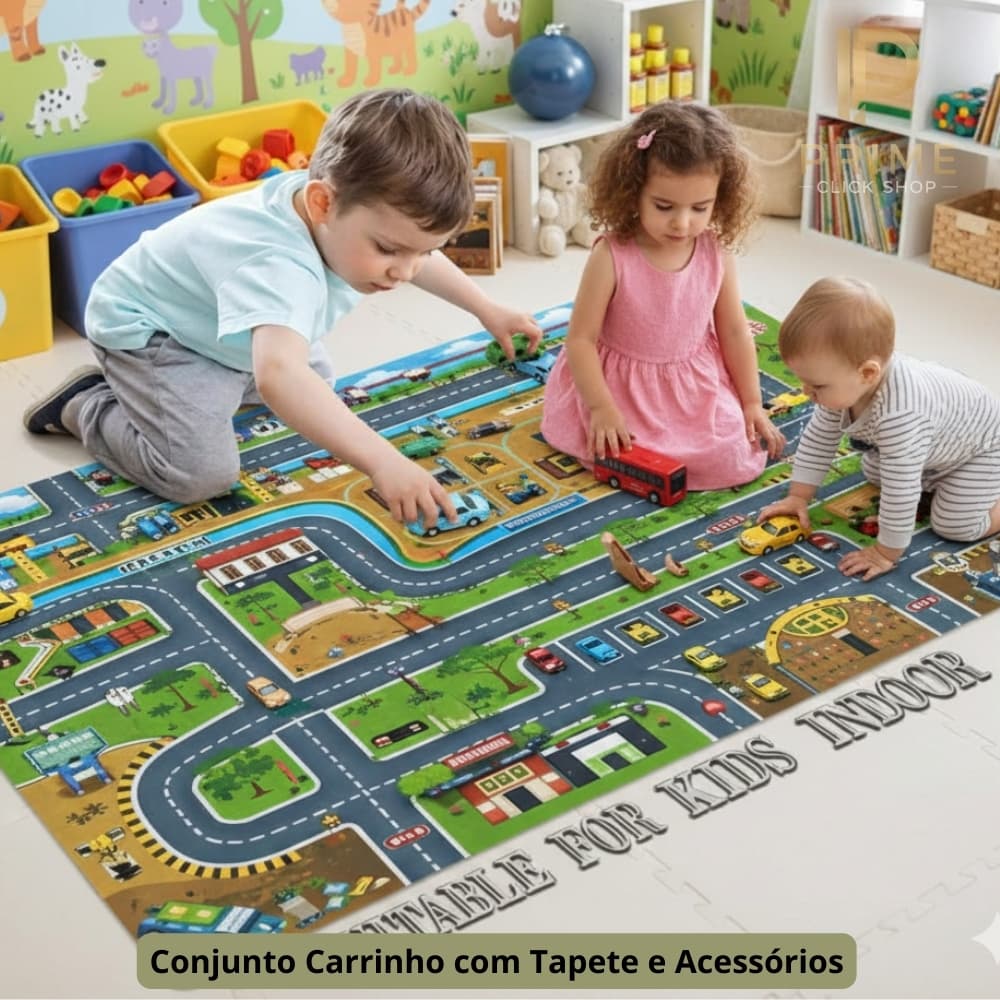 Pista de Carrinho com Tapete Infantil Cidade Carrinhos e Placas de Trânsito Brinquedo Educativo