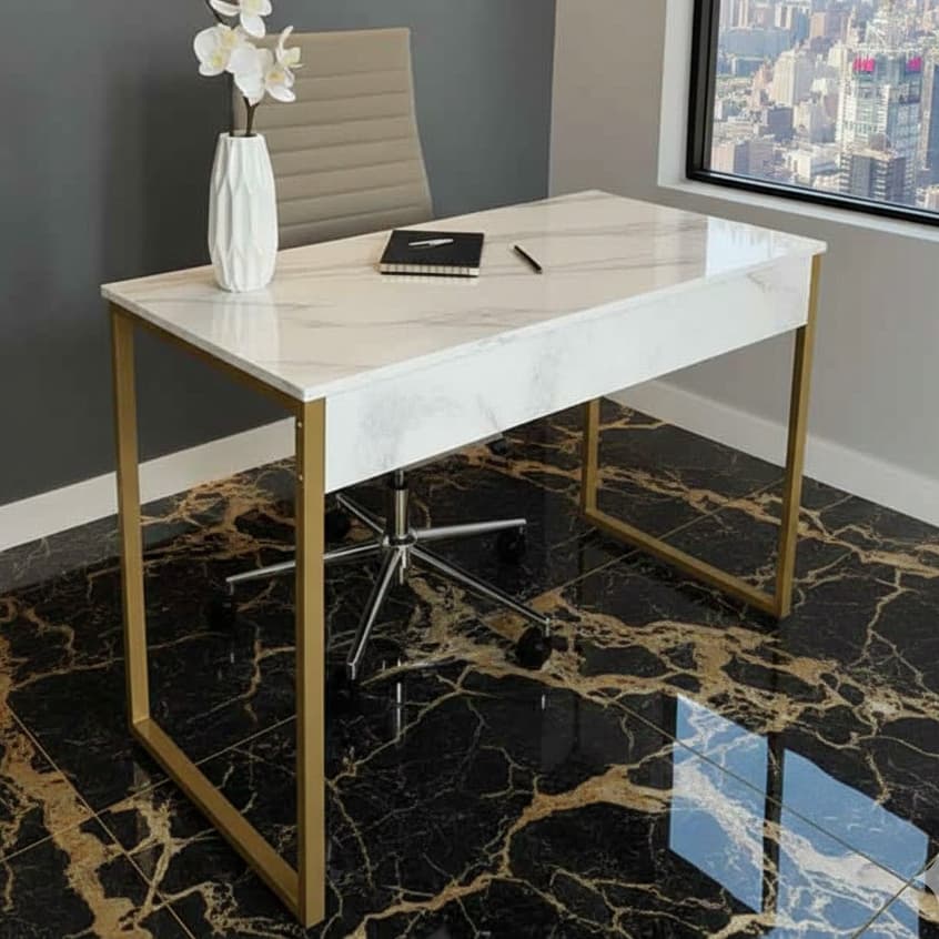 Mesa Escritório Home Office Estilo Industrial Pé Metalon Dourado  Escrivaninha Quarto Computador MDF