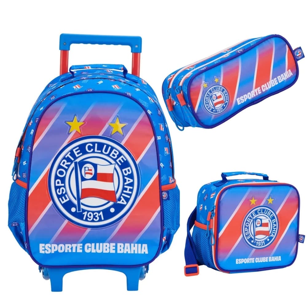 Kit Mochila Com Rodinha e alça com Lancheira térmica e  Estojo Duplo Bahia