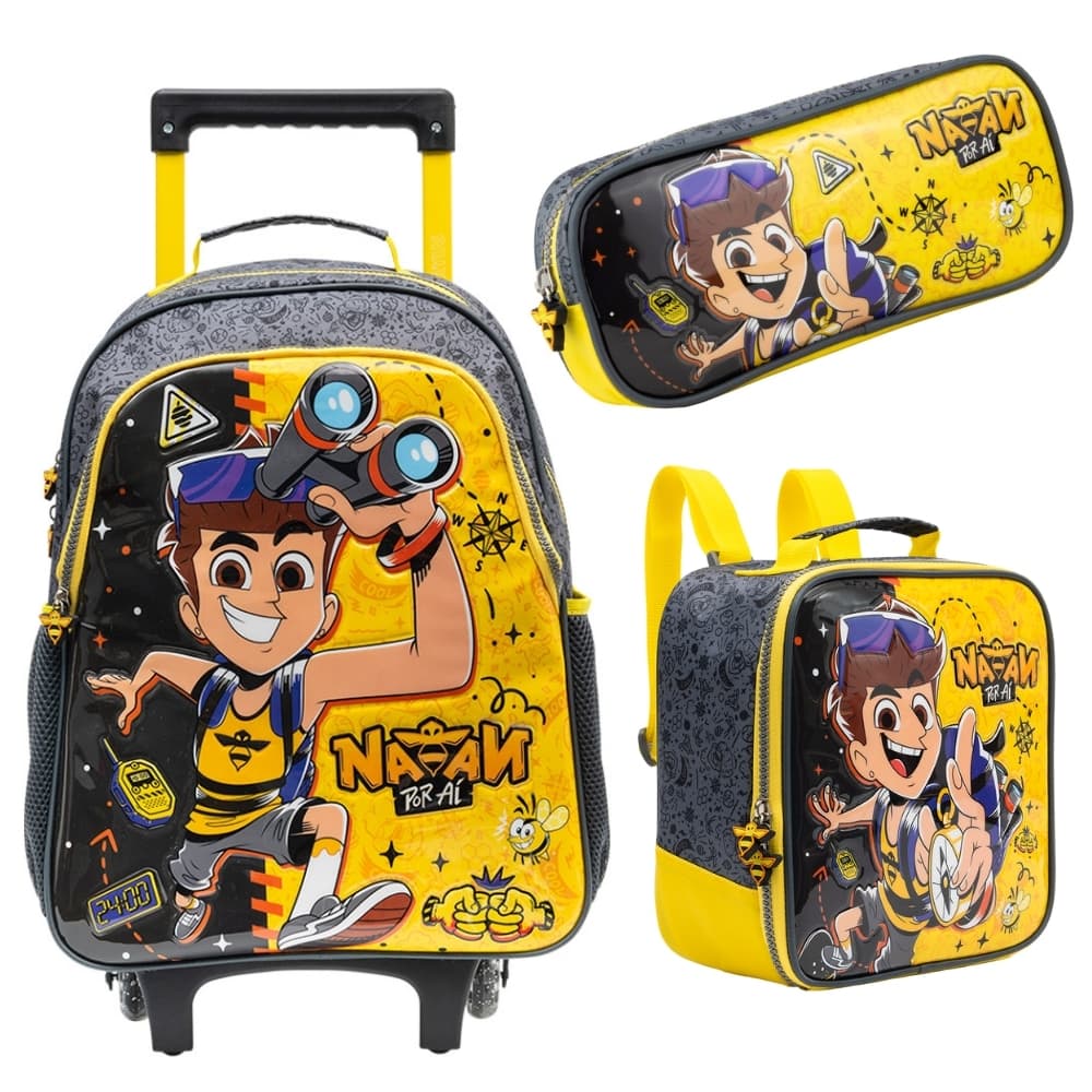 Mochila Com Carrinho e rodas com Lancheira e Estojo Natan