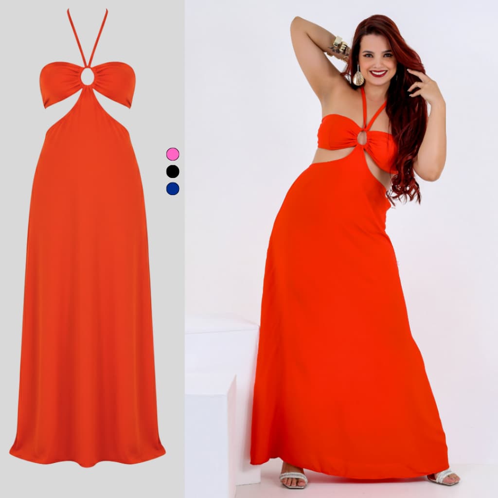 Vestido Longo Feminino Liso Laranja Viscolinho Moda Paty