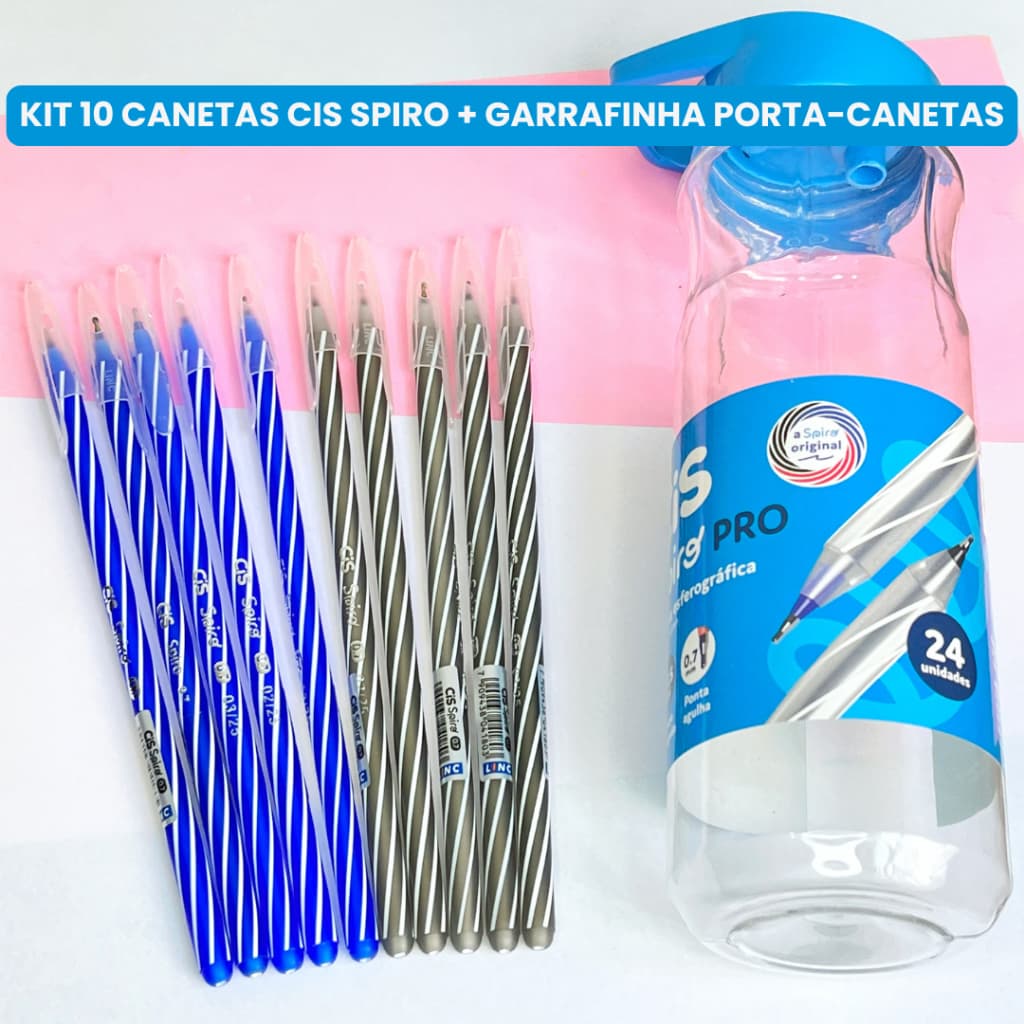 Kit 10 Canetas Cis Spiro 0.7 + Garrafinha Porta-Canetas | Escrita Macia e Organizada ✨