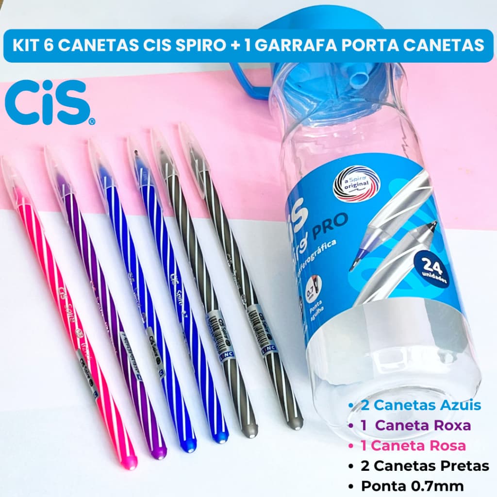 Kit 6 Canetas Cis Spiro Ponta 0.7 mm+ Garrafinha Porta Canetas