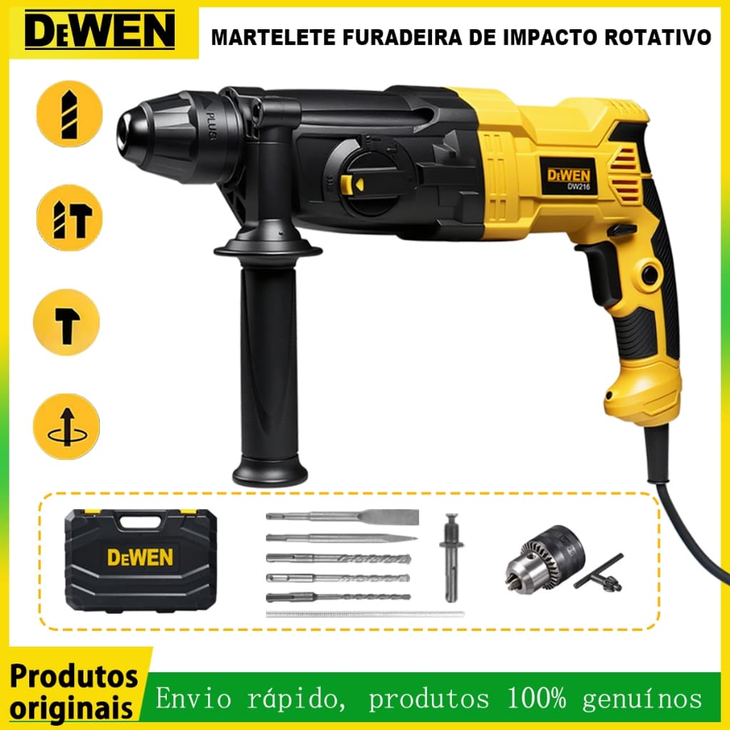 Martelete Furadeira de Impacto Rotativo 980W 3 em 1 Rompedor Demolidor Perfurador 26MM com 3 Modos de Trabalho e Mandrel
