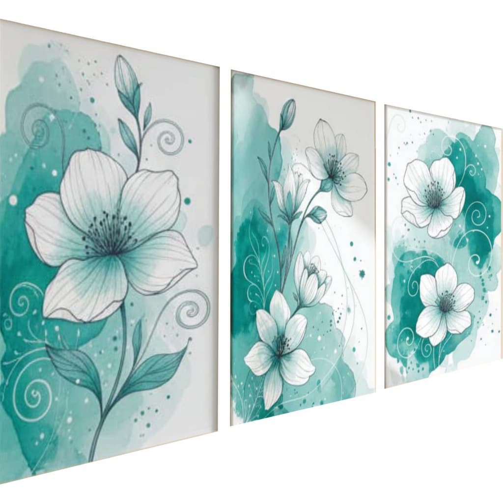 Kit Triplo Flores Luxo Azul para Decoração de Parede, Quadro MDF, Painel