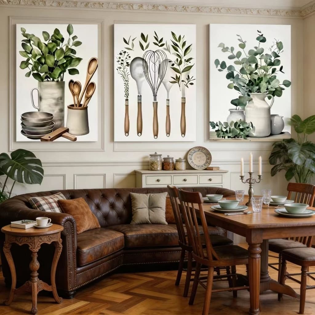 Kit 3 Quadros Para Cozinha E Sala De Jantar Com Plantas Verdes E Utensilios Decoracao Natural​