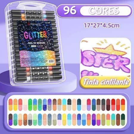 Caneta Marcadora Glitter Dupla Ponta 12/24/96 Cores | Arte, Escola, Planner, Desenho GLDD