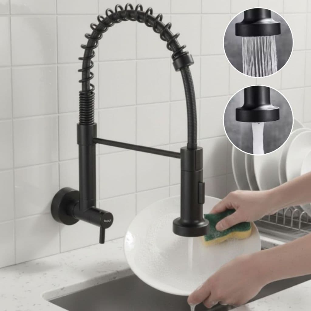 Torneira Parede Gourmet Mola Preto Aço Inox Preto Fosco Giro Mangueira Chuveirinho Giro 360 Moderna
