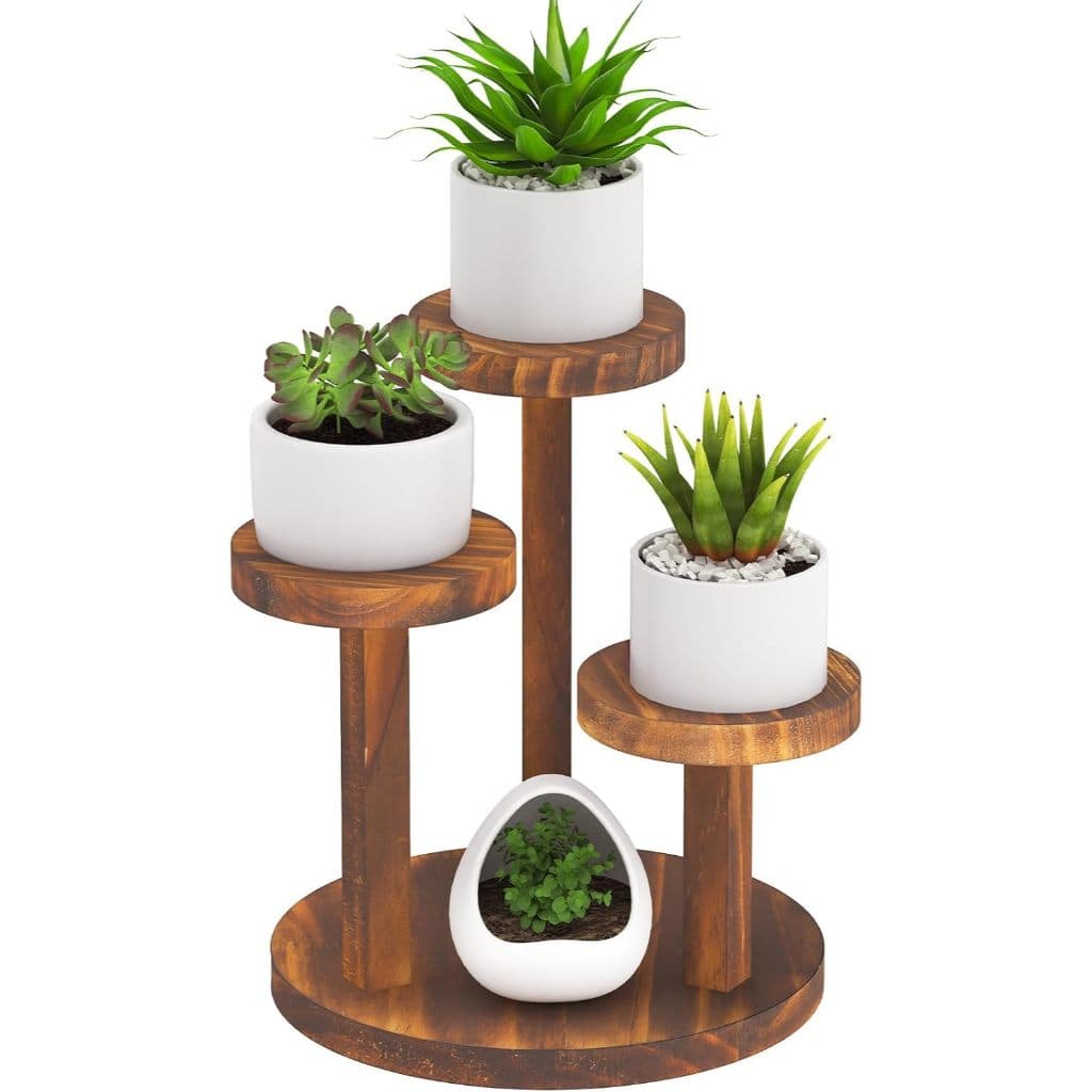 Suporte de mesa redondo de madeira com 3 níveis para plantas, pequeno suporte expositor para mesa