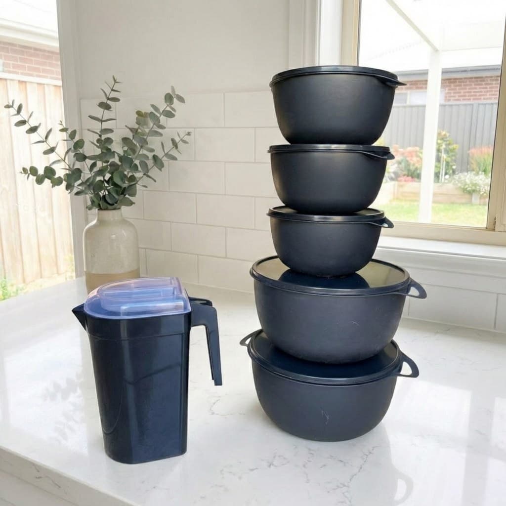 Pote Redondo Plástico Preto Saladeiras Boll Kit 5 Peças + Jarra 1,8L Cozinha