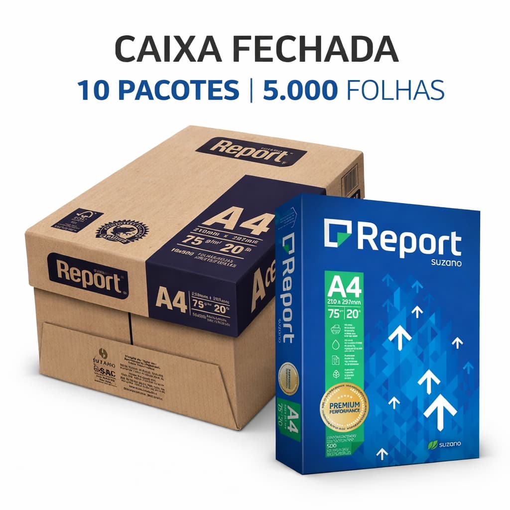Caixa Fechada Papel A4 Report Suzano 75g 5000 Folhas Branco