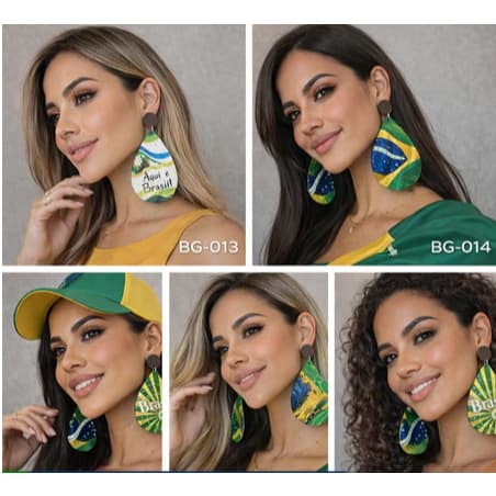 1 Par de Brincos da Copa Brasil Acessório Feminino Verde e Amarelo Modelos Variados