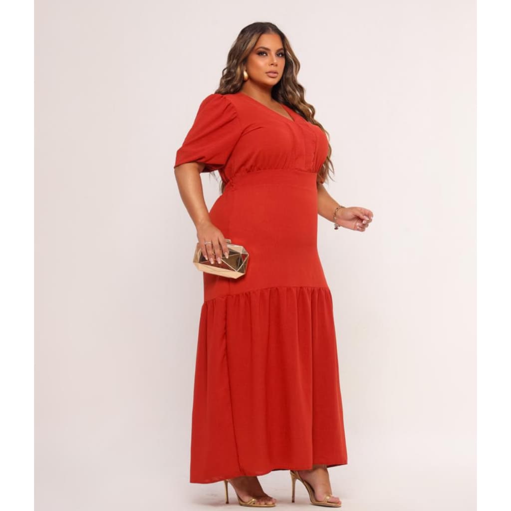 Vestido Longo Plus Size Feminino Moda Evangelica Manga Elastico Saia Franzida