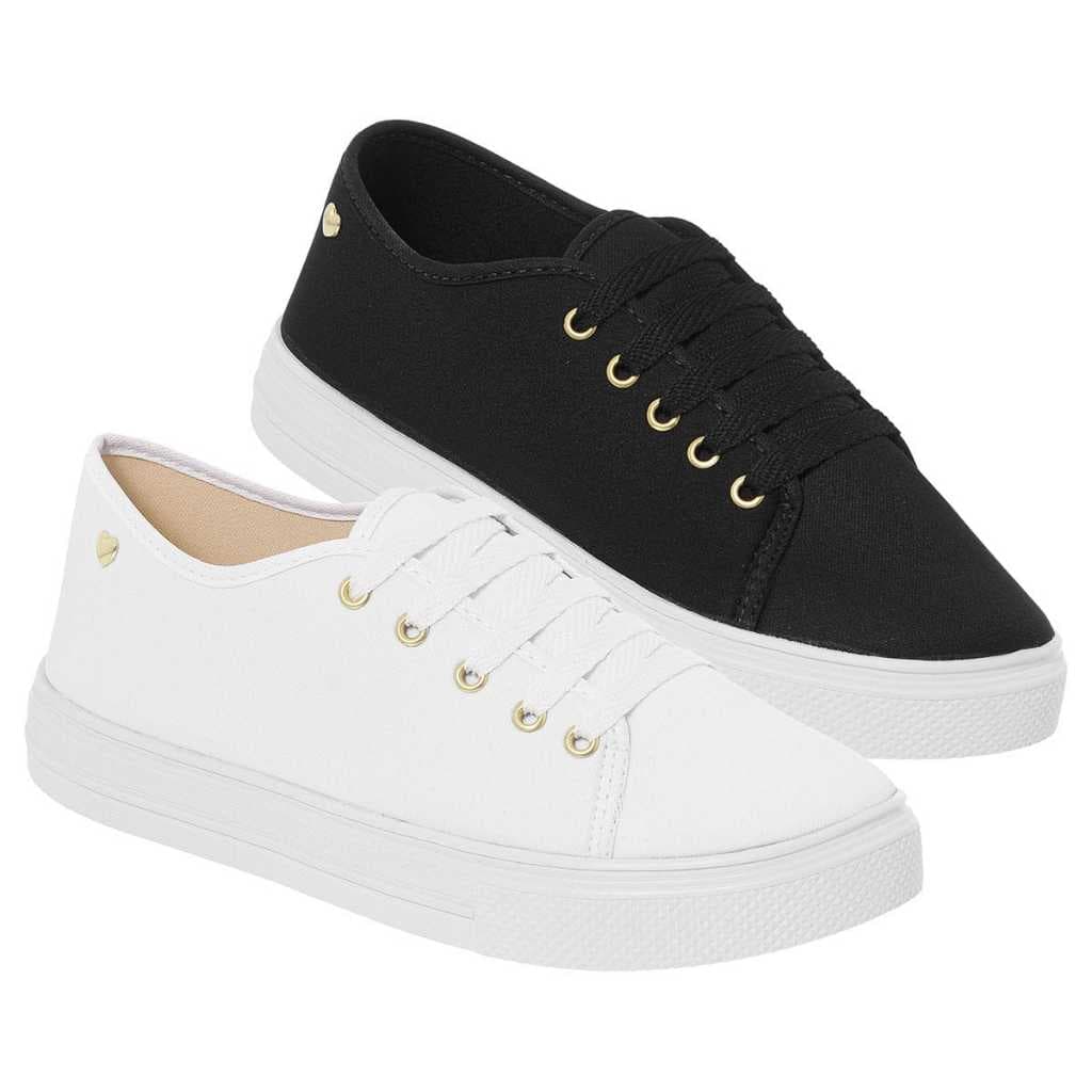Kit 2 Tênis Feminino Pingente Coração Branco preto Casual