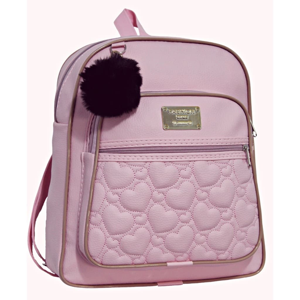 Mochila Feminina Bolsa Estilosa Linda Estampa Coração + Pompom.