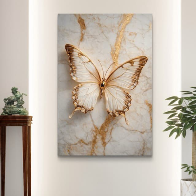 Quadro Decorativo Borboleta Branca e Dourada 3D Mármore 110x80cm Luxo Moderno para Sala Quarto Hall