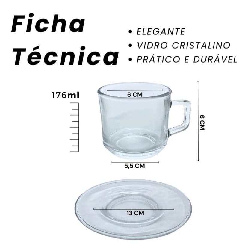ogo de Xícaras de Chá de Vidro 176ml com Pires