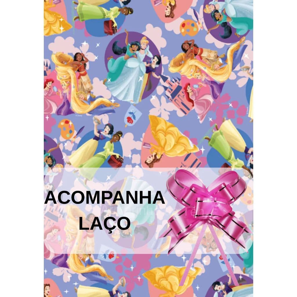 Escolha 1,2 ou 3 Saco de Presente Infantil Princesas + Laço Rosa Decorativo Cromus 25x37 cm