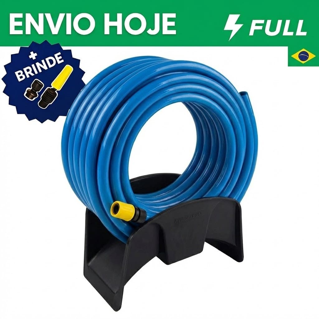 Kit Mangueira de Jardim Trançada Reforçada + Suporte Esguicho e Bico União e Fixação Todos Tamanhos