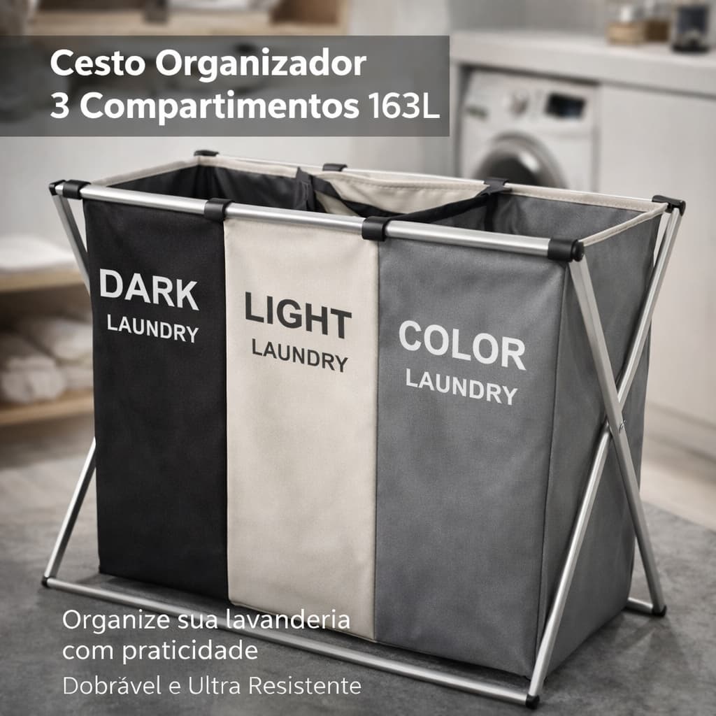 Cesto Roupa Suja cesto roupa suja moderno Dobravel 3 Compartimentos Organizador Grande separe cor