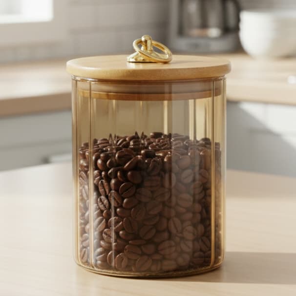 Pote hermético de Vidro Ambar Canelado Argola c/ Tampa Bambu 500ML porta mantimentos balas, temperos