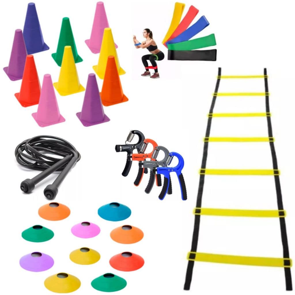 Kit Treino Agilidade Preparação Física Futebol Escada 7 Degraus 10 Cones 10 Chapéus 5 Mini Bands 1 Hand Grip 1 Corda