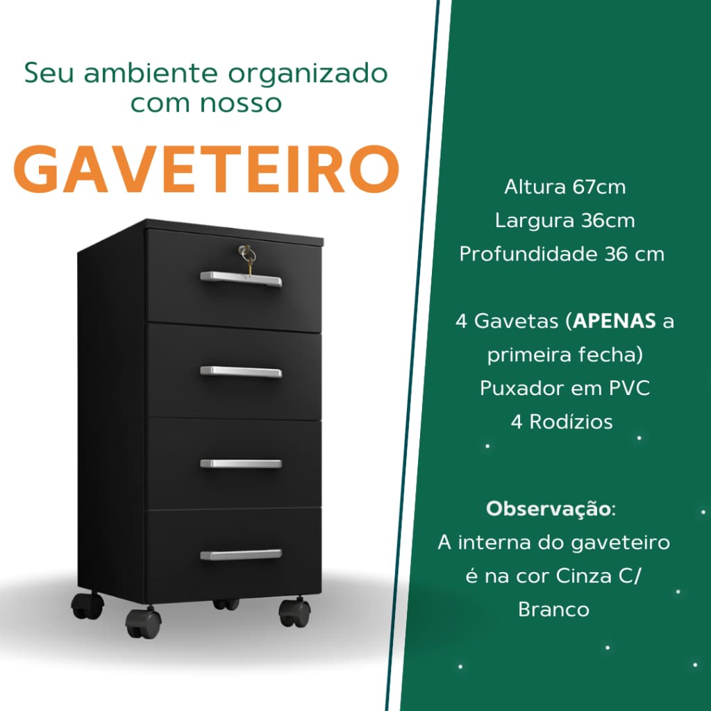 Gaveteiro organizador com rodinhas decorativo 1 ou 2 unidades Preto