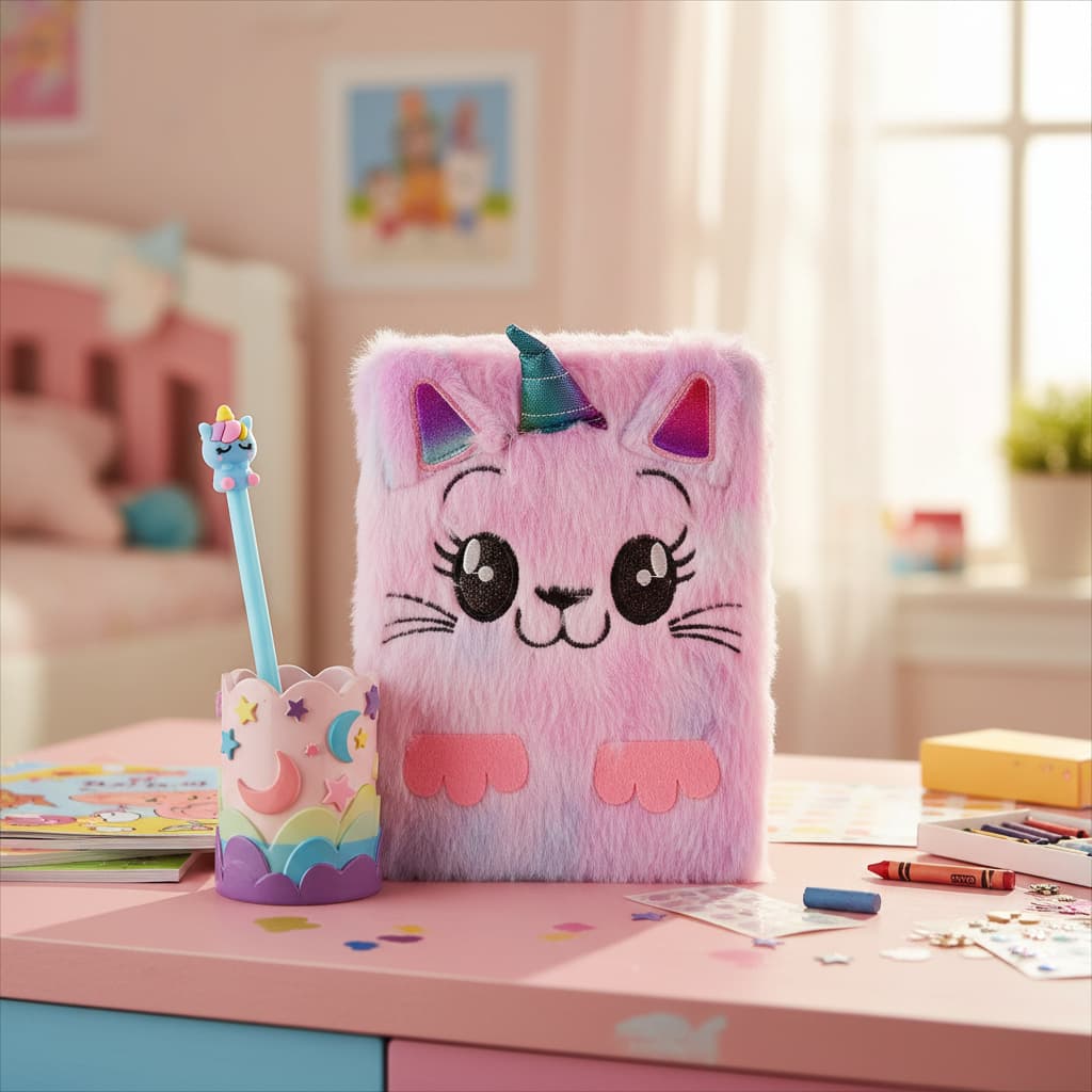 Kit Caderno De Pelúcia Varios Capas Unicornio Gatinho Cachorrinho Ursinho Papelaria Fofa com Caneta