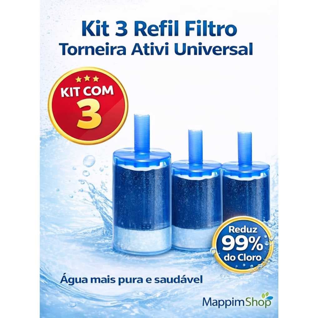 Kit 3 Refil Torneira Ativi Universal Carvão Ativado | Reduz 99% do Cloro | Original