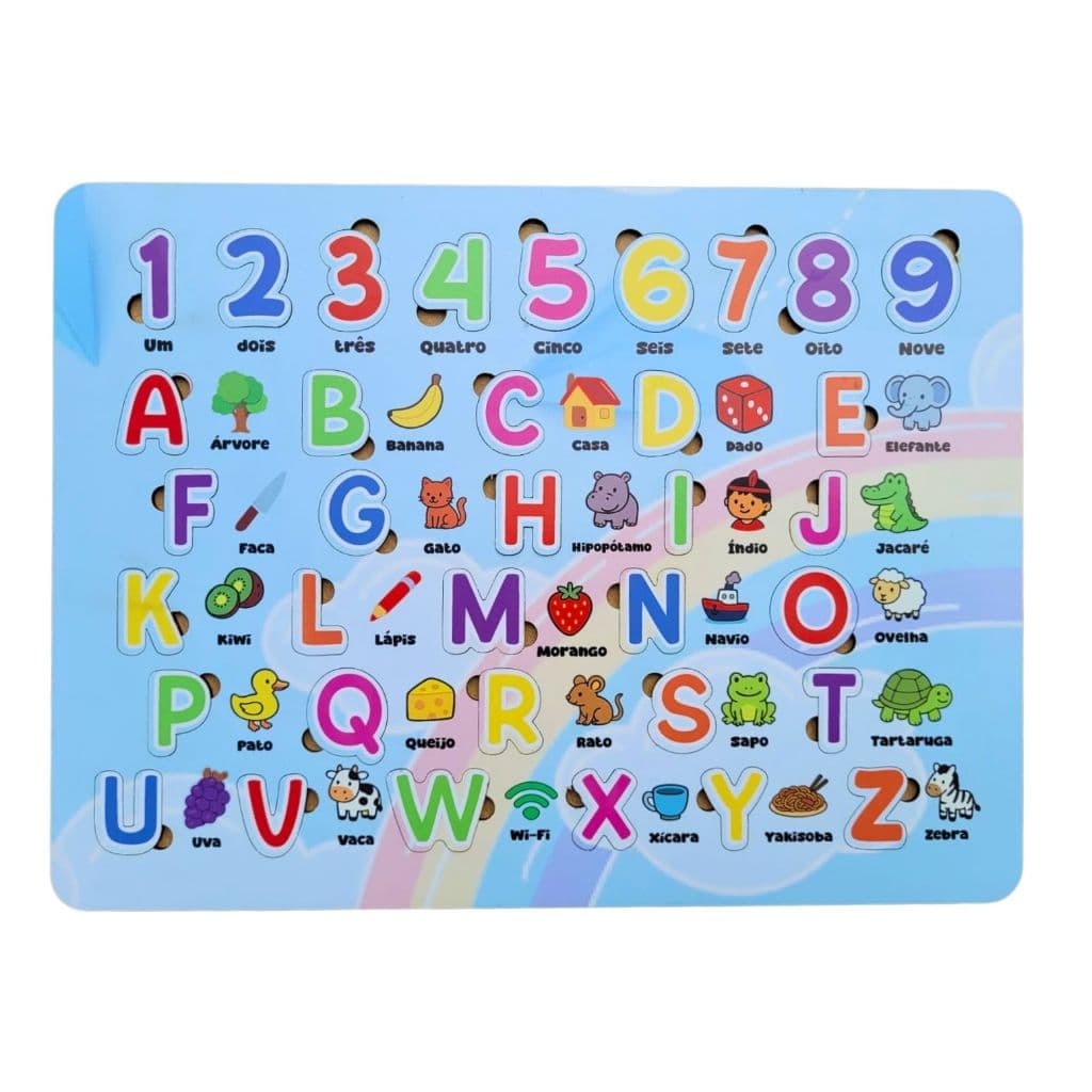Brinquedo Alfabeto Encaixe Números Letras Pedagógico Didático em MDF Educativo A ao Z Quebra Cabeça
