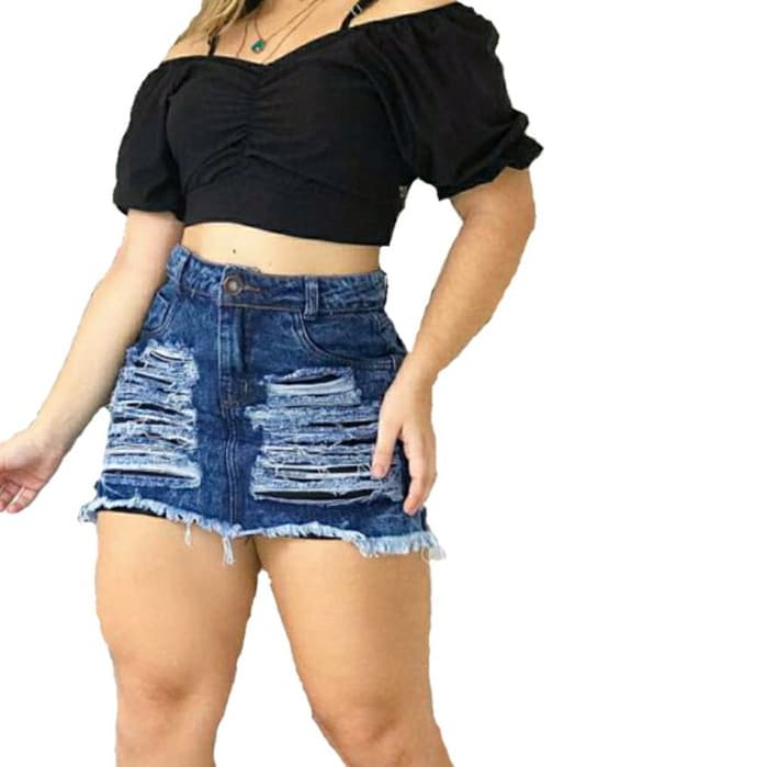 Saia Jeans Feminina Cintura Alta Destroyed
