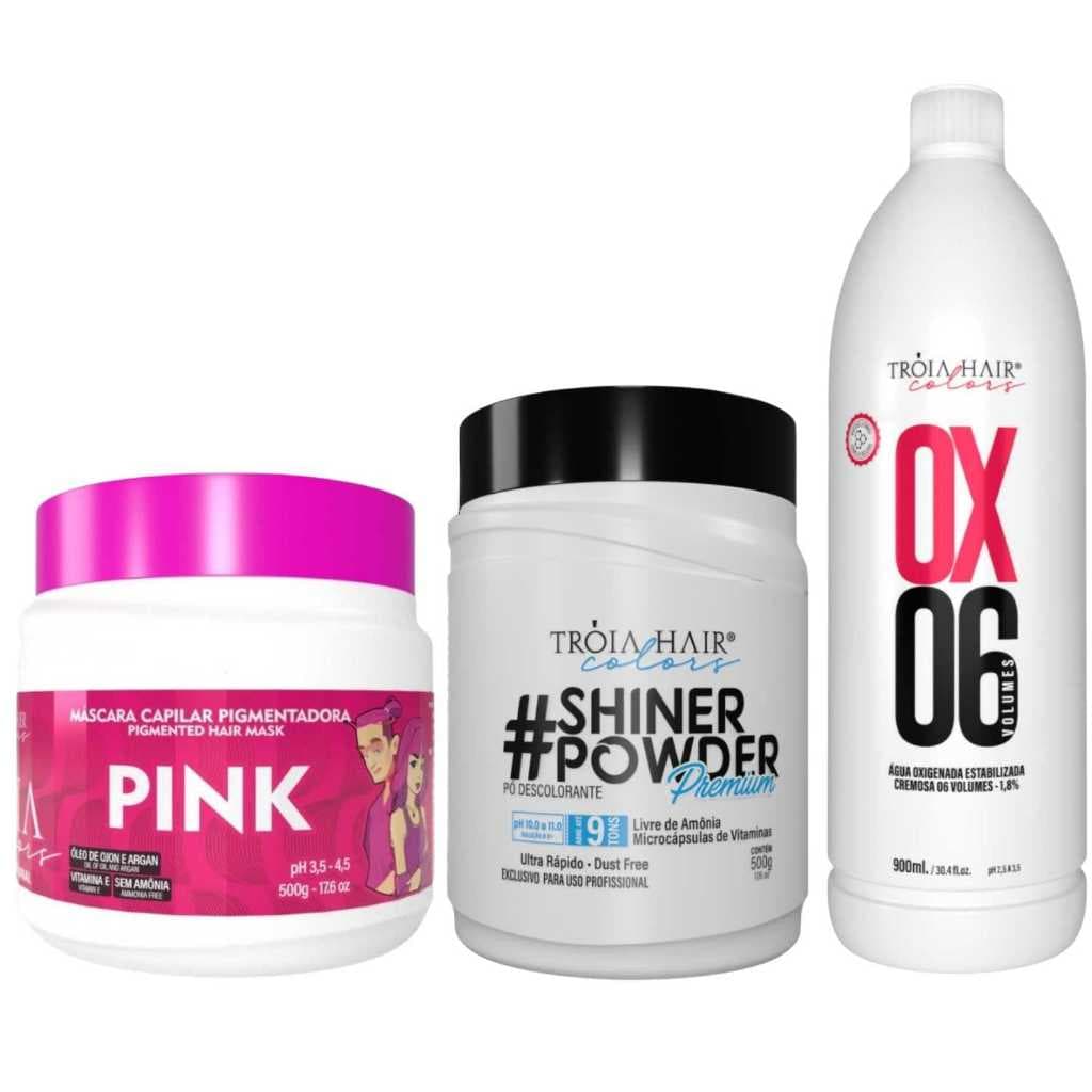 Pó Descolorante Premium 500g + OX 06 900ml + Troia Colors Pink 500g - Troia Hair
