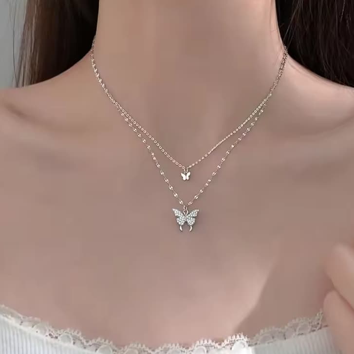 Colar Borboleta Prata 925 com Zircônia – Corrente Dupla