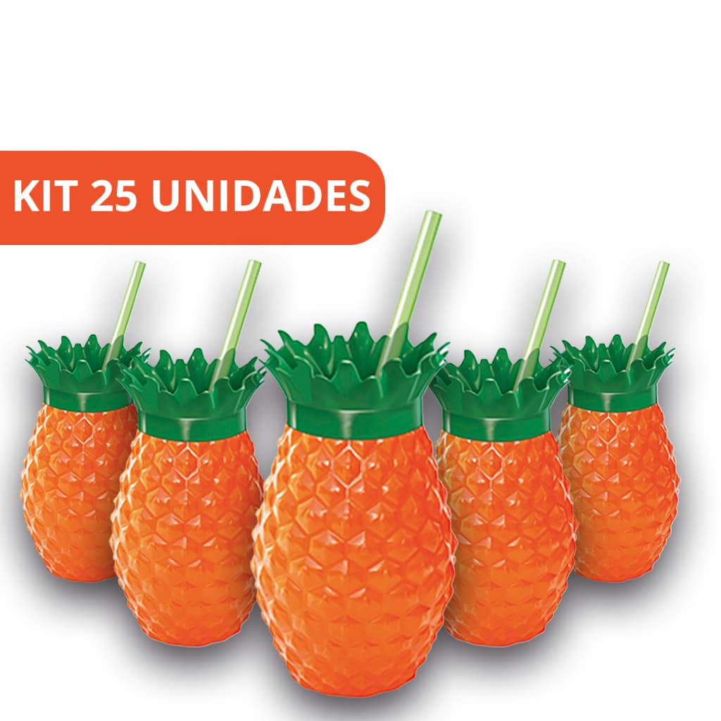 KIT 25 COPOS FORMATO FRUTA ABACAXI LARANJA COM CANUDO FESTA TROPICAL BOB ESPONJA FESTA POOL PARTY LEMBRANCINHA DECORAÇAO