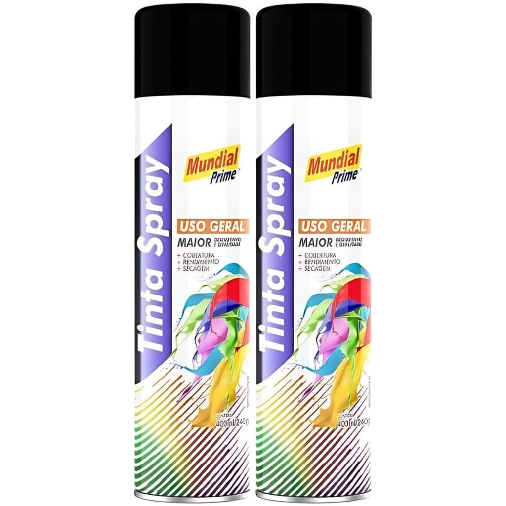 2 Tinta Spray 400ml Mundial Prime Preto Fosco Spray Uso Geral
