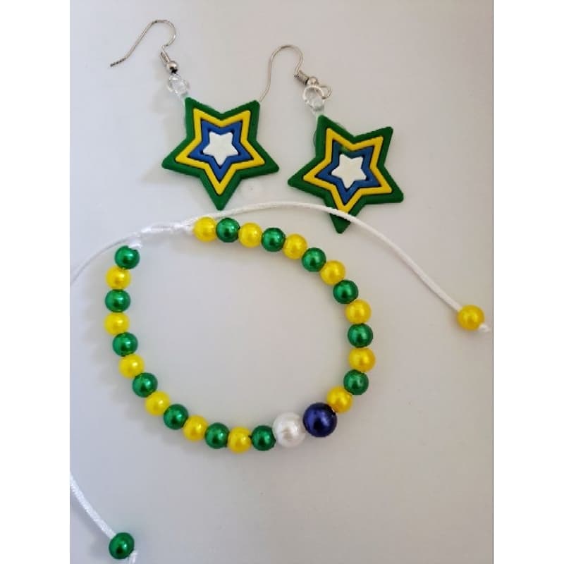 Brinco e Pulseira de Contas Regulável Copa do Mundo - Verde e Amarelo - Torcida - Coleção Vai Brasil (2)