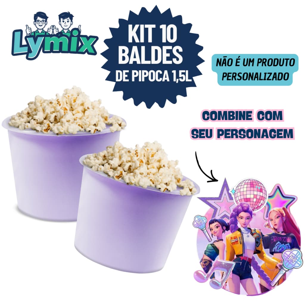 KIT 10 BALDES DE PIPOCA 1,5L PP PARA PERSONALIZAR E ADESIVAR FESTA/ GUERREIRAS DO K-POP- VARIOS TEMAS