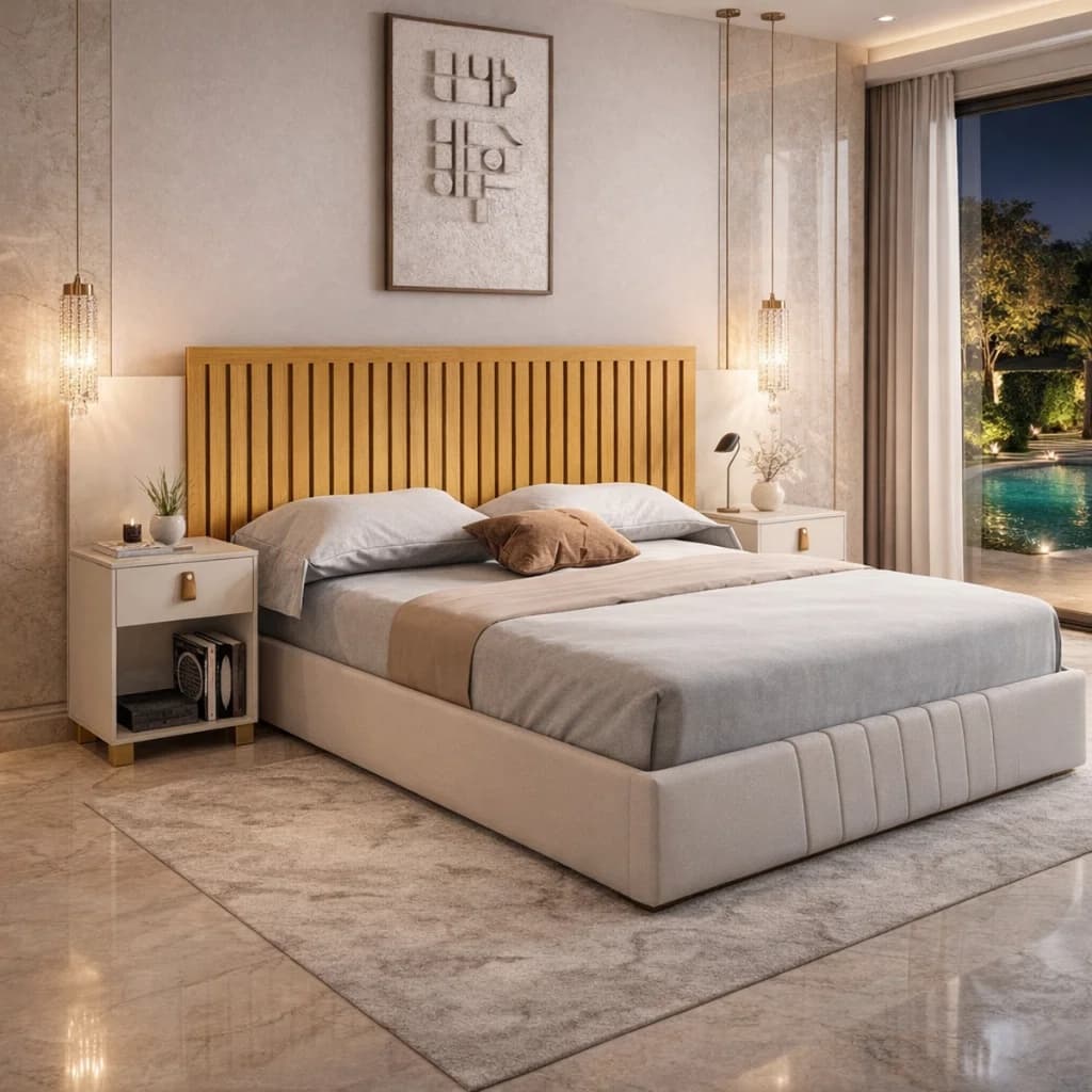 Cabeceira Anubis Ripada com 2 Mesas de Cabeceira com gaveta - Casal Queen MDF