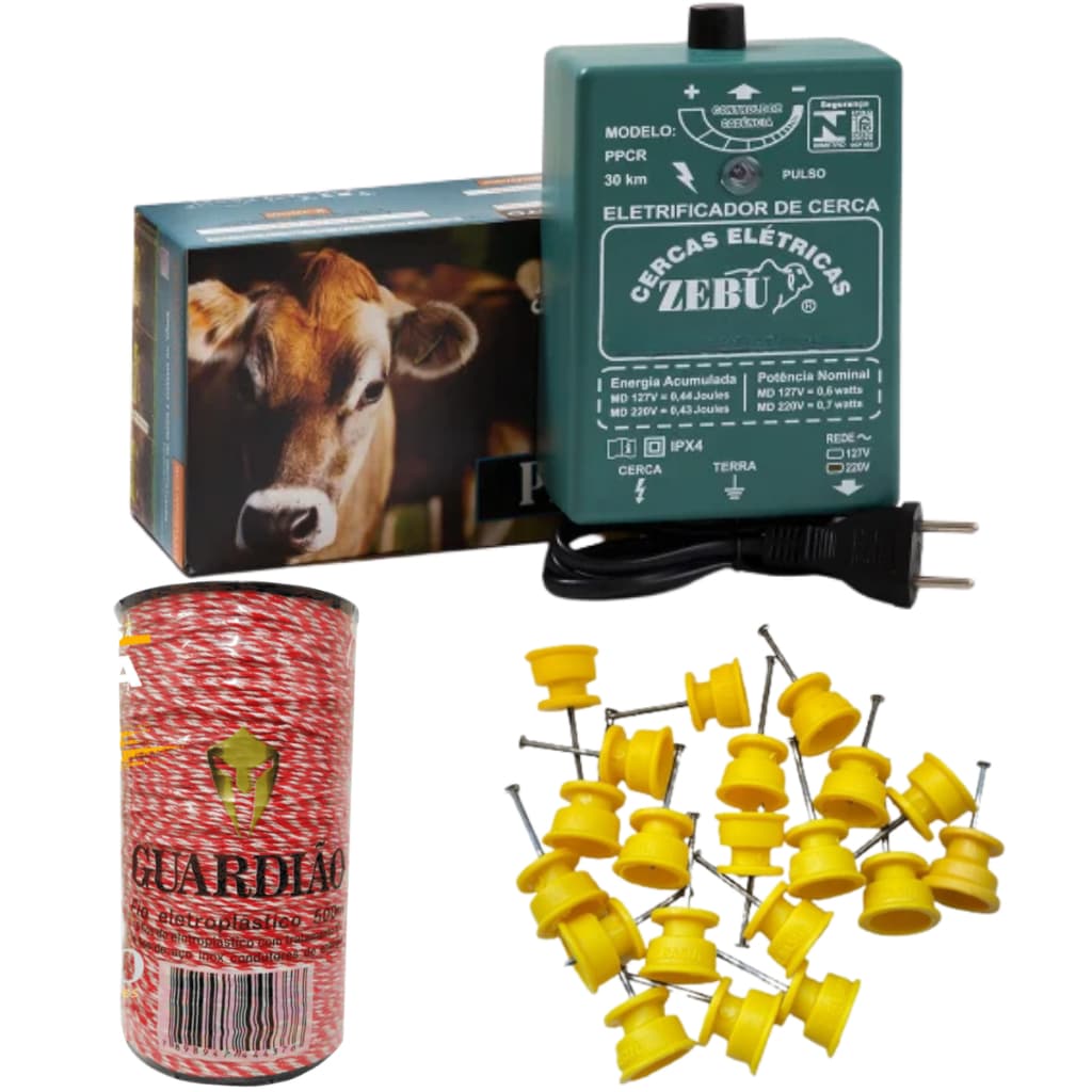 Kit Cerca Elétrica Zebu PPCR + 500mt Fio Inox Guardião + 50 Isoladores 30x30 amarelo