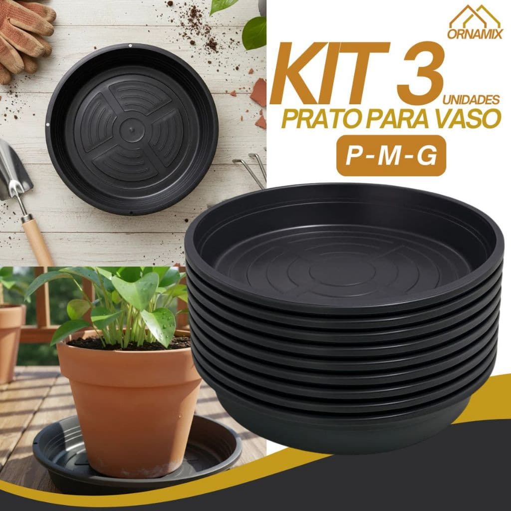 Kit 3 Prato Vaso De Planta Coletor de Água Plástico Preto Pratinho Furos Suspenso - Pequeno Médio Grande