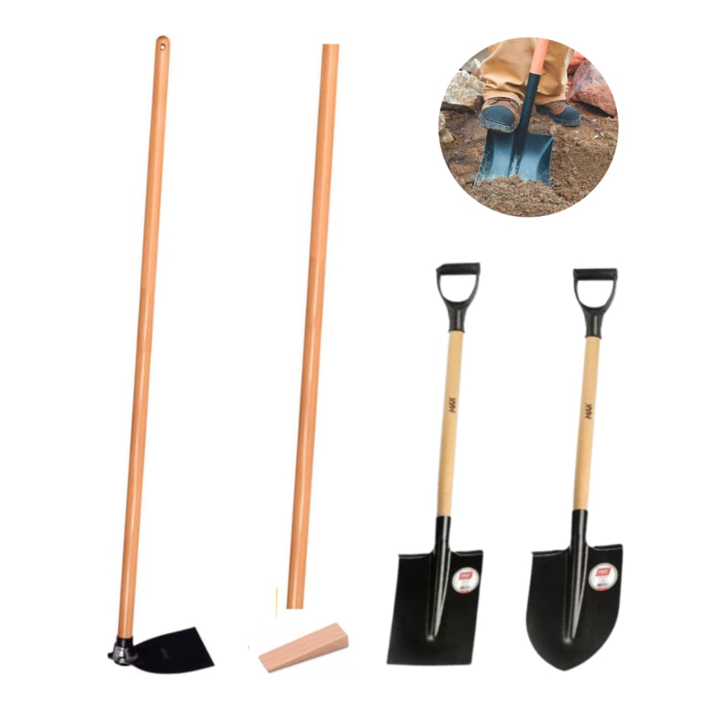 Kit Ferramentas Construção Jardim Pá Quadrada + Bico + Enxada + Cabo Madeira Com Cunha Reforçado