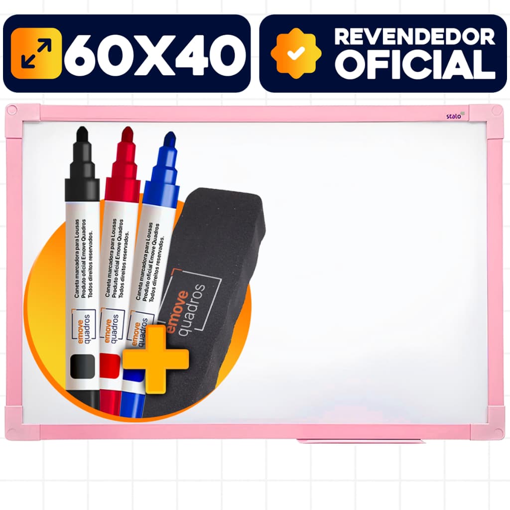 Quadro Branco 60x40 Lousa Moldura Rosa Stalo 3 Canetas e Apagador