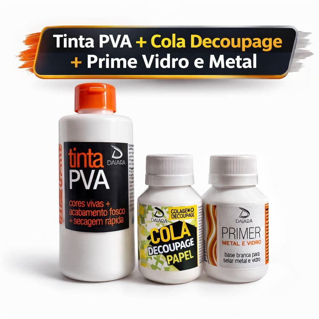 Kit Decoupagem Artesanato Talento Daiara Tinta PVA + Cola Decoupage + Primer Metal e Vidro