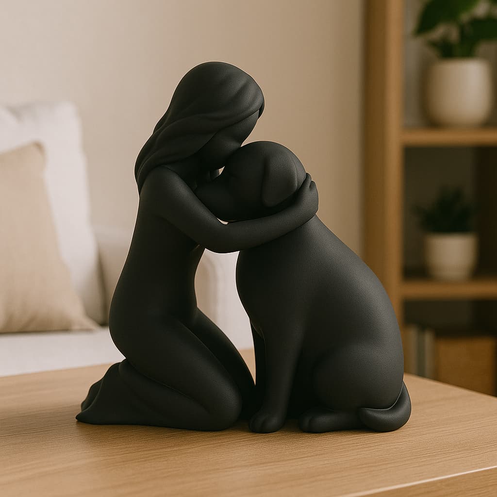 Escultura Mulher ajoelhada beijando cachorro arte moderna minimalista escritório sala presente 20cm