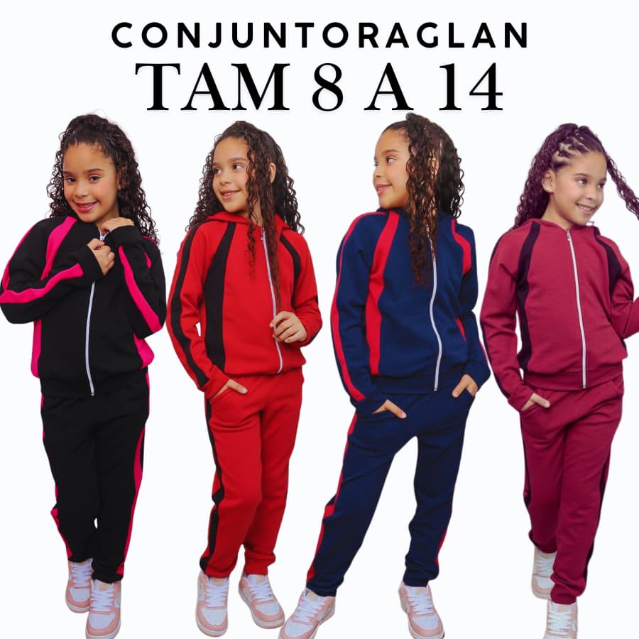 Conjunto De Frio Menina MANGA RAGLAN – Moda Infantil Juvenil Blusa com Capuz e Ziper Calça com  Elastico 8 a 14