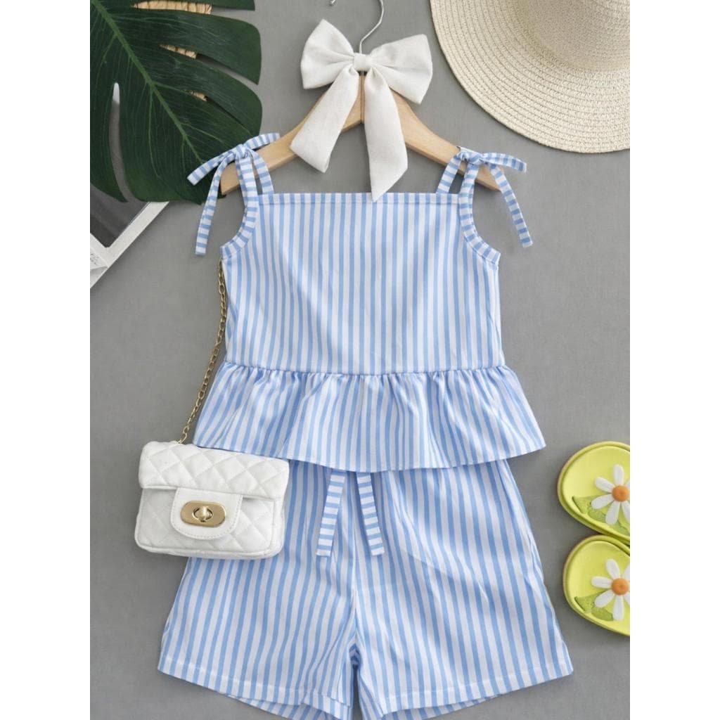 Conjunto Duas Peças Infantil Feminino Estampa Listrada Top Regata com Babado e Short Roupa de Passeio Menina Verão c