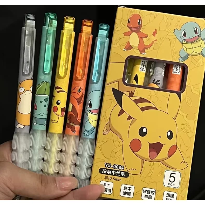 Conjunto kit 5 canetas de gel pokemon retratil tinta preta material escolar pikachu emborrachada
