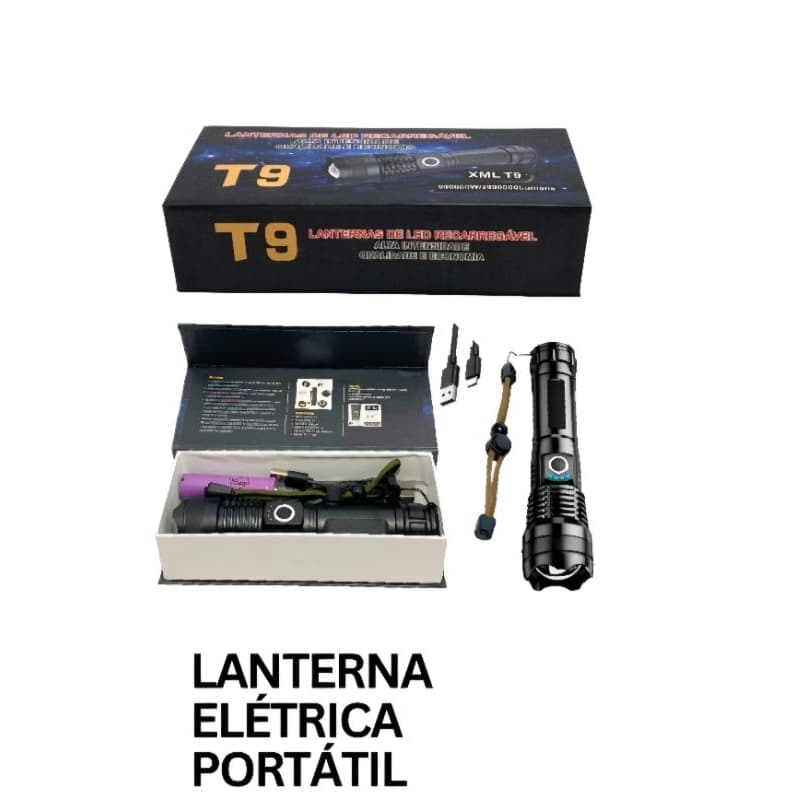 Lanterna T9 LED Recarregável – Iluminação Forte, Longo Alcance e Alta Potência