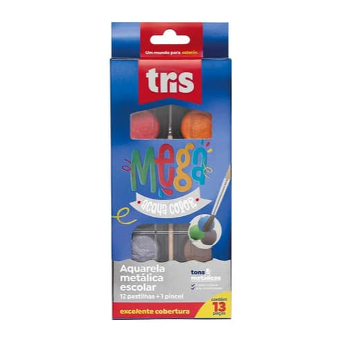 🎨 Aquarela Mega Acqua Color Metálica Estojo c/12 Cores Tris Pintura Artística Arte Escolar Kit